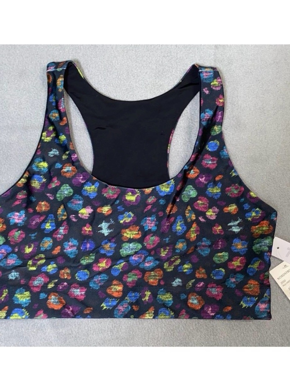 Terez Black Sports Bra with Multicolor Leopard Spot Print